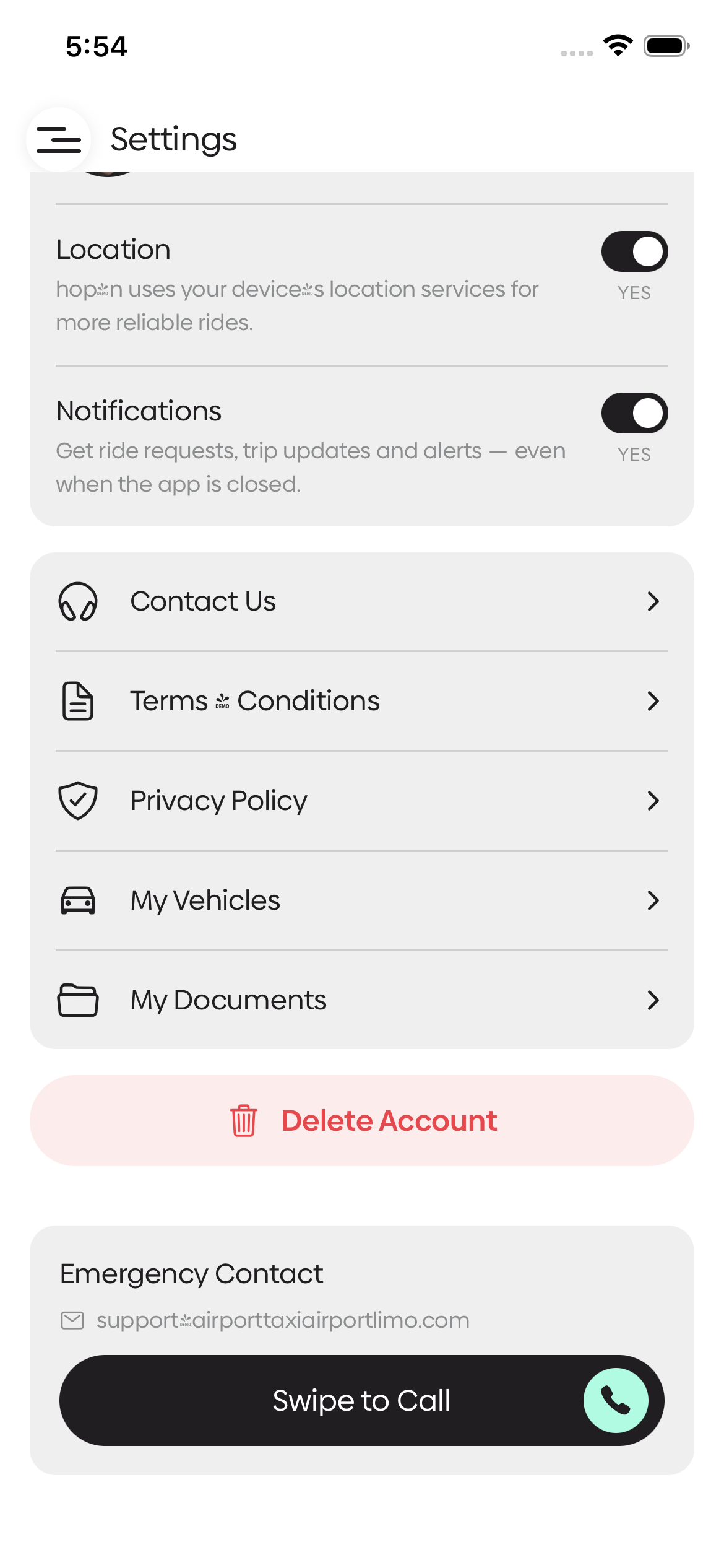 Hopn Navigator Driver app settings screen
