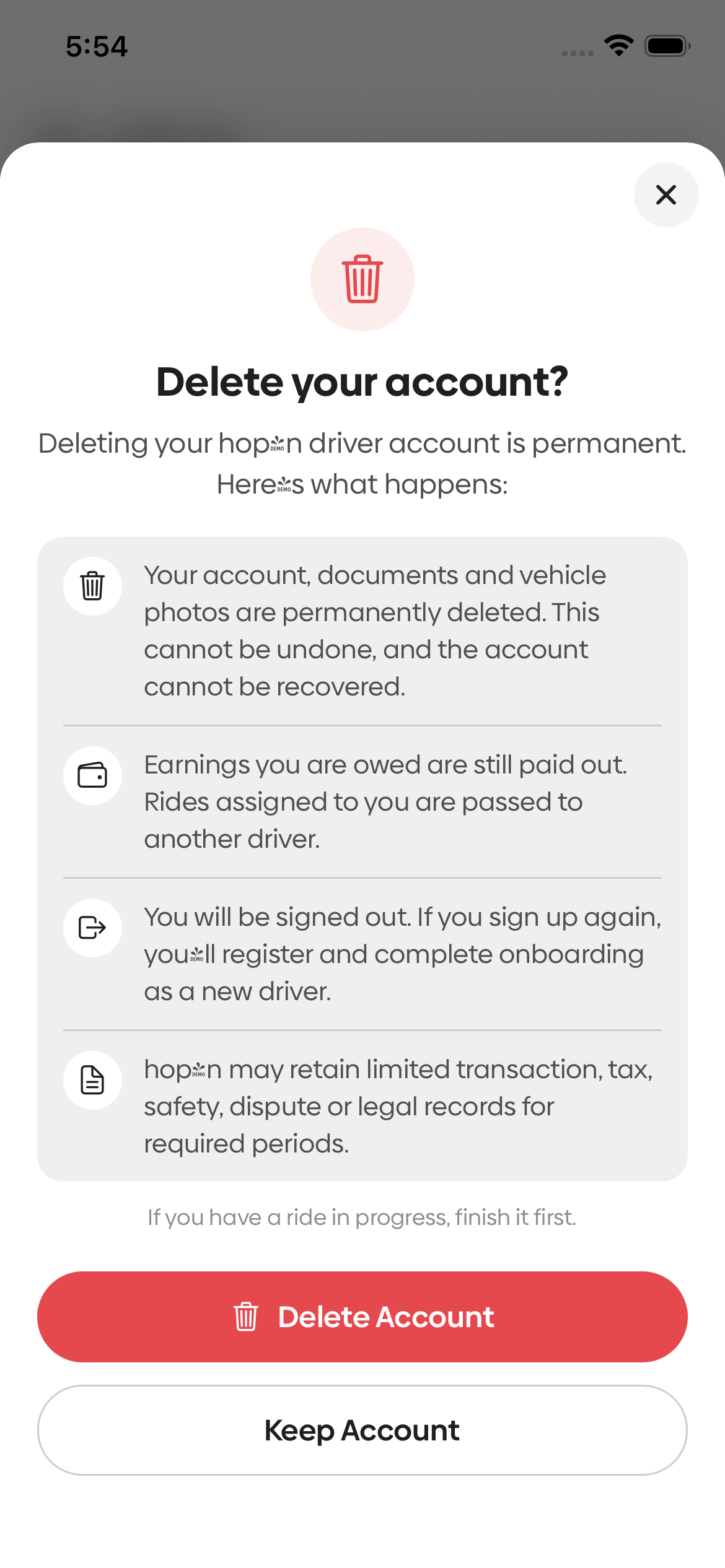 Hopn Navigator Driver app delete account confirmation screen