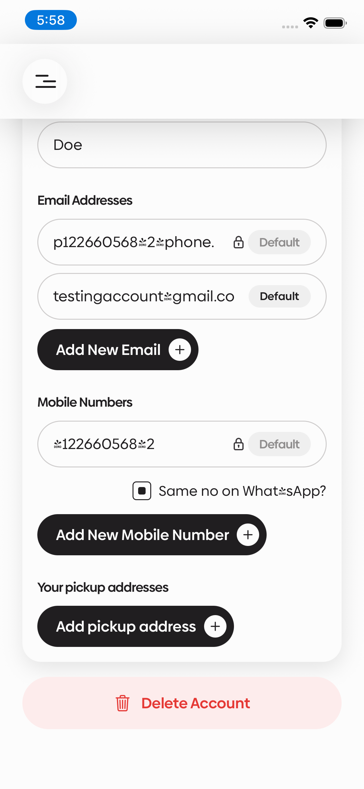 Hopn Passenger app account settings screen