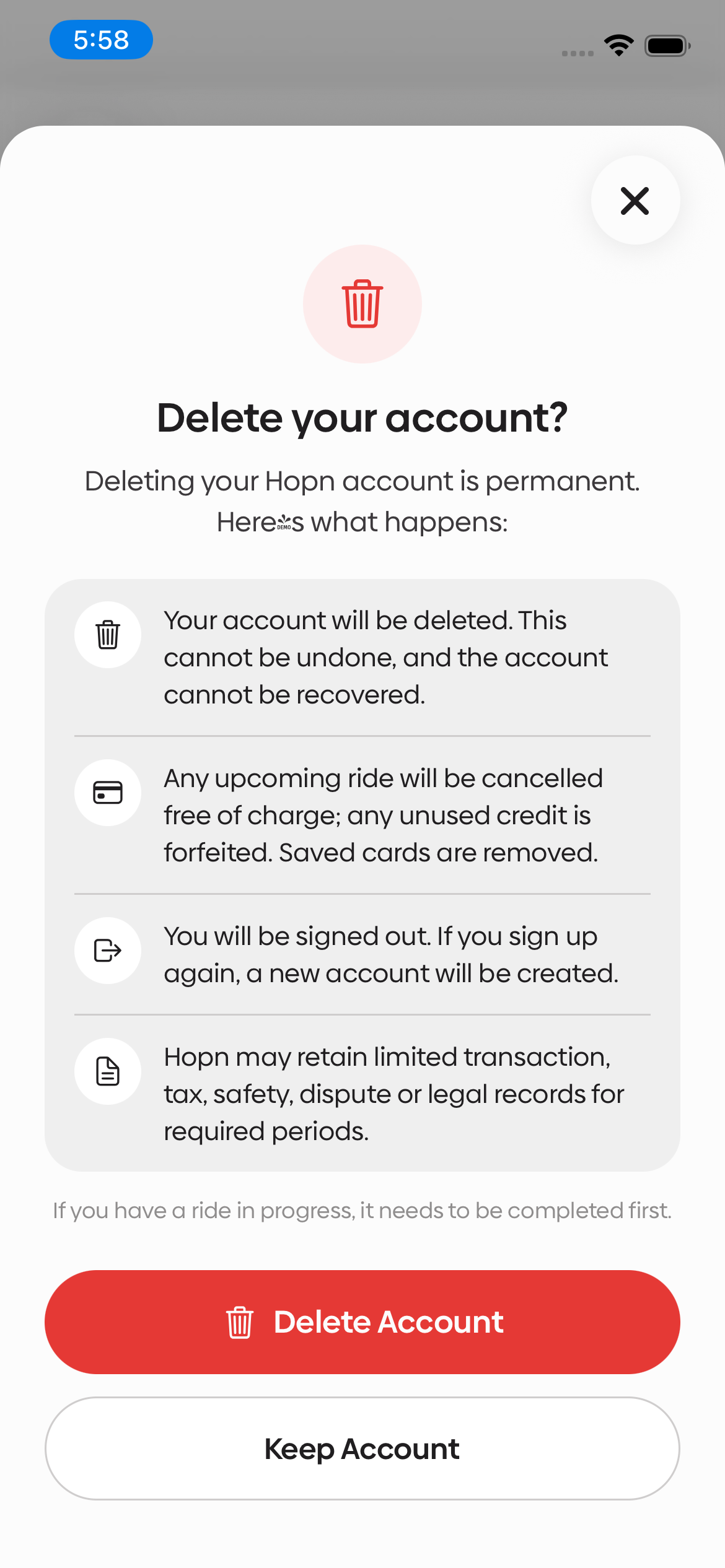 Hopn Passenger app delete account confirmation screen